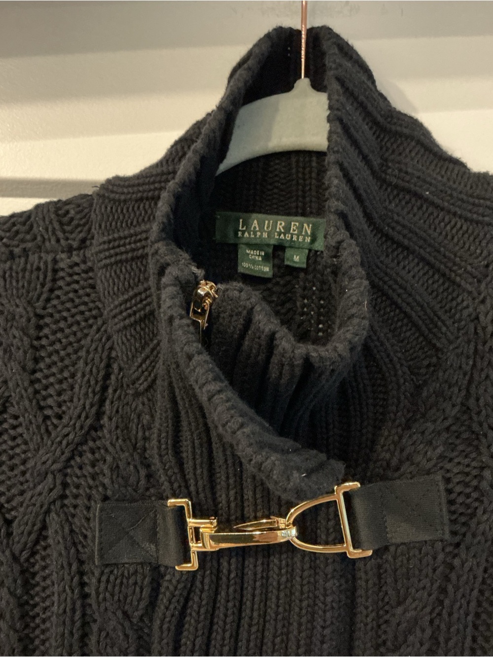 Lauren Ralph Lauren Black Cable-Knit Sweater with Fireman Gold Toggles, Medium - Picture 2 of 8